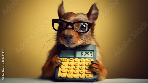 petit écureuil avec une calculatrice et des lunettes en train de faire le calcul de ses économies photo