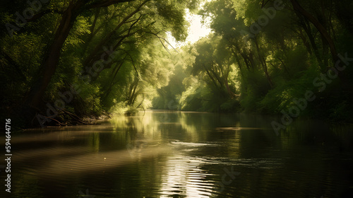 A serene and tranquil shot of a calm river flowing through a green forest. © CanvasPixelDreams