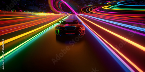 Speeding racing car on neon highway. Powerful acceleration of a supercar on a night track with colorful lights and trails. AI generative