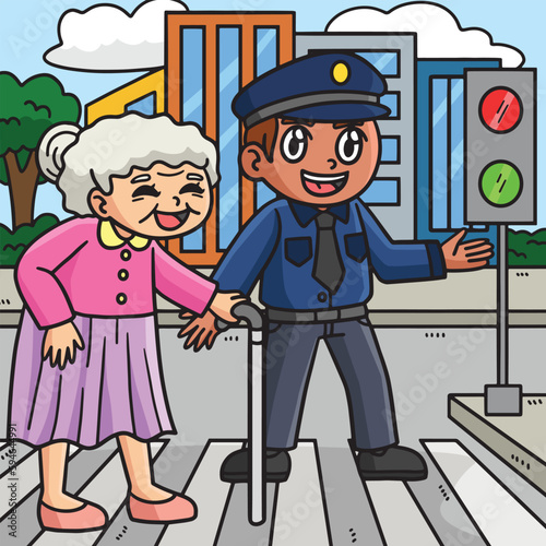 Police Helping Old Woman Colored Cartoon 