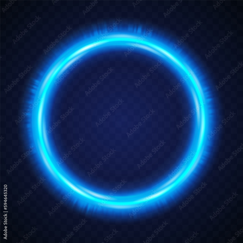 Light glowing blue circle. Round neon frame isolated on transparent dark background. Glass dynamic bubble for text. Radiant twirl beam. Bright flash effect. Fluorescent ring. Vector illustration 