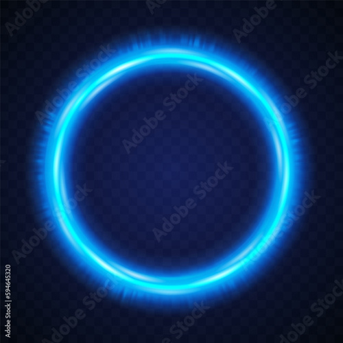 Light glowing blue circle. Round neon frame isolated on transparent dark background. Glass dynamic bubble for text. Radiant twirl beam. Bright flash effect. Fluorescent ring. Vector illustration 