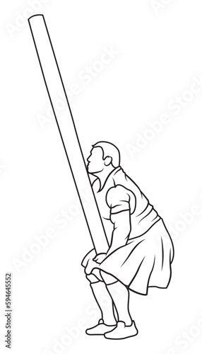 Caber toss vector icon. Scottish strongman athlete. Scotland man in kilt tossing the caber at highland games. Line art illustration. Logo idea. 