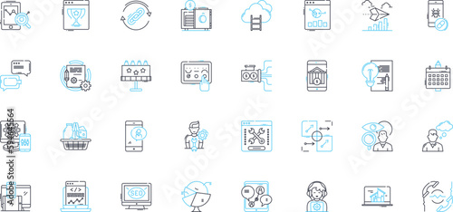 Web production linear icons set. Design, Development, Coding, Graphic, Animation, Layout, Responsive line vector and concept signs. Content,Optimization,Navigation outline illustrations
