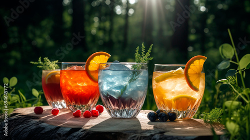 Colorful summer cocktails on a nature background on a sunny day.