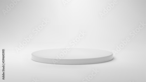 White round base podium in studio. Light scene with minimal stage platform for product display presentation, winner award. Realistic podium mockup vector illustration