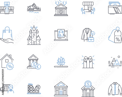 Tourist hub shopping line icons collection. Souvenir, Boutique, Market, Plaza, Mall, Street vendors, Handicrafts vector and linear illustration. Local,Vibrant,Tourism outline signs set