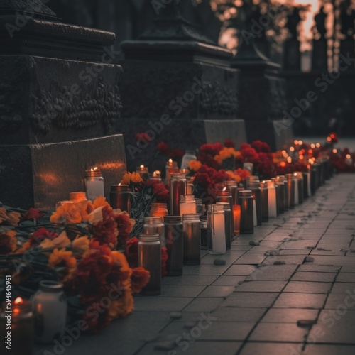Foto A row of candles and flowers on a sidewalk. AI generative image.