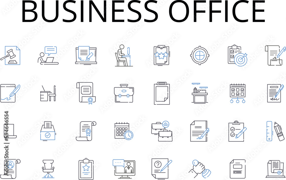 Business office line icons collection. City Hall, Corporate Sector, Trade Center, Commercial Z, Professional Realm, Executive Suite, Economic Hub vector and linear illustration. Commerce Field