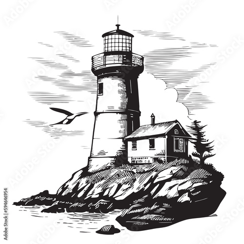 Lighthouse on the sea cost sketch hand drawn illustration