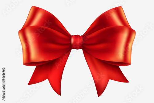 Realistic red bow made of silk ribbon, vector isolated bow for decorating compositions.