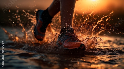 Sporty shoes of a runner running fast through the sunset, generative AI