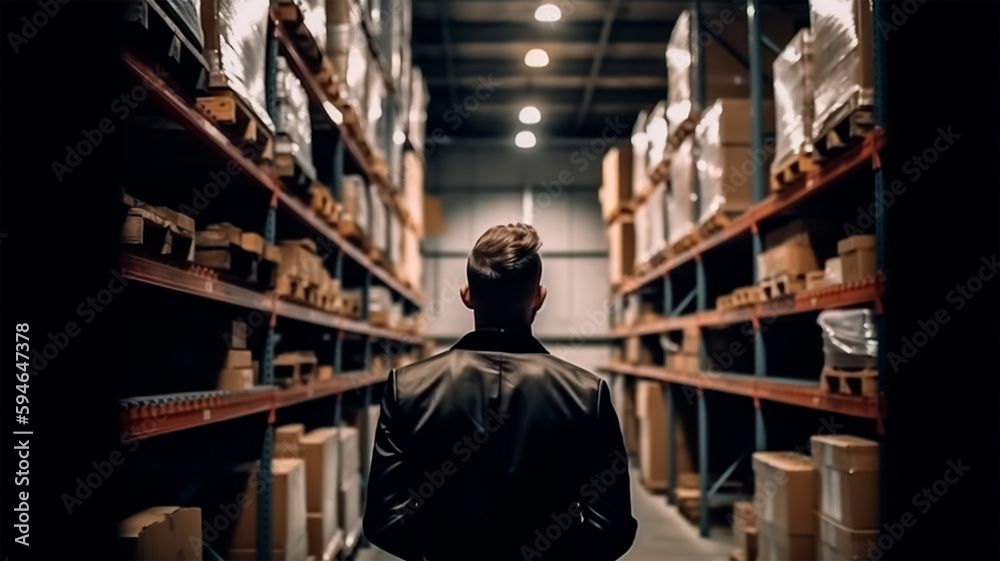 an entrepreneur stands in his warehouse and examines the shelves, generativ AI
