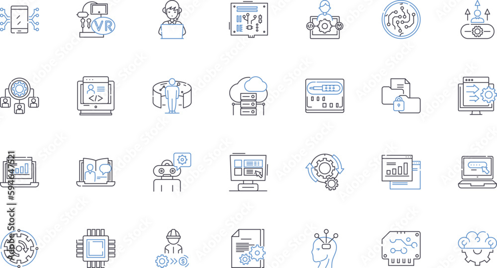 Coding software line icons collection. Compiler, Syntax, Debugger, IDE, Algorithm, Binary, String vector and linear illustration. Variable,Debugging,Framework outline signs set