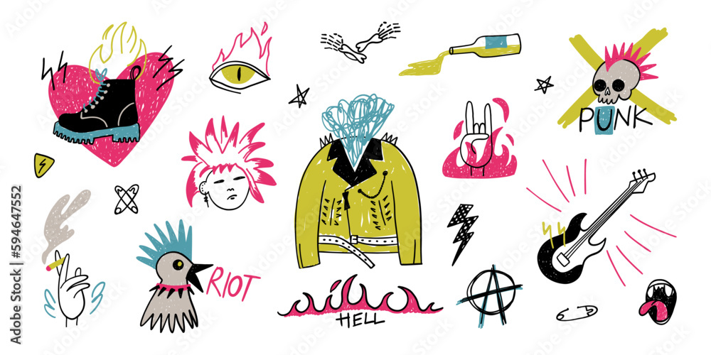 Punk music set. Hand drawn rock music stickers. Leather jacket, boots