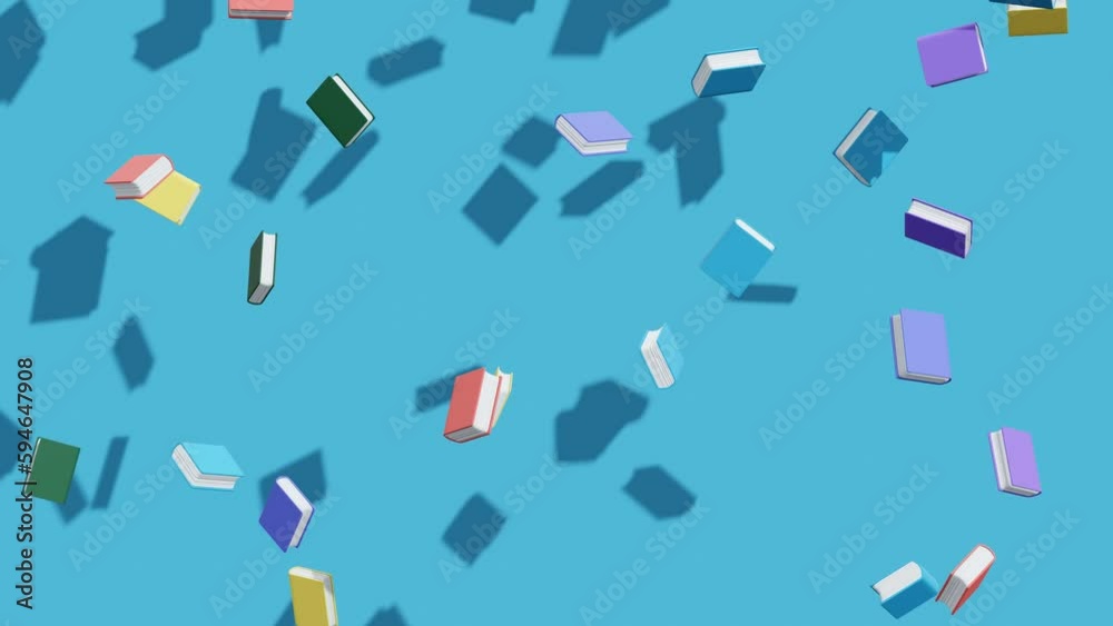 Books falling on a blue background. Abstract animation