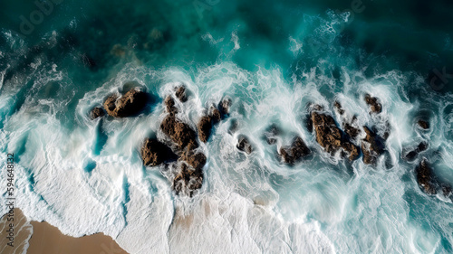 Ariel view of a beach with waves hitting the sand, top view. Sunny Day.