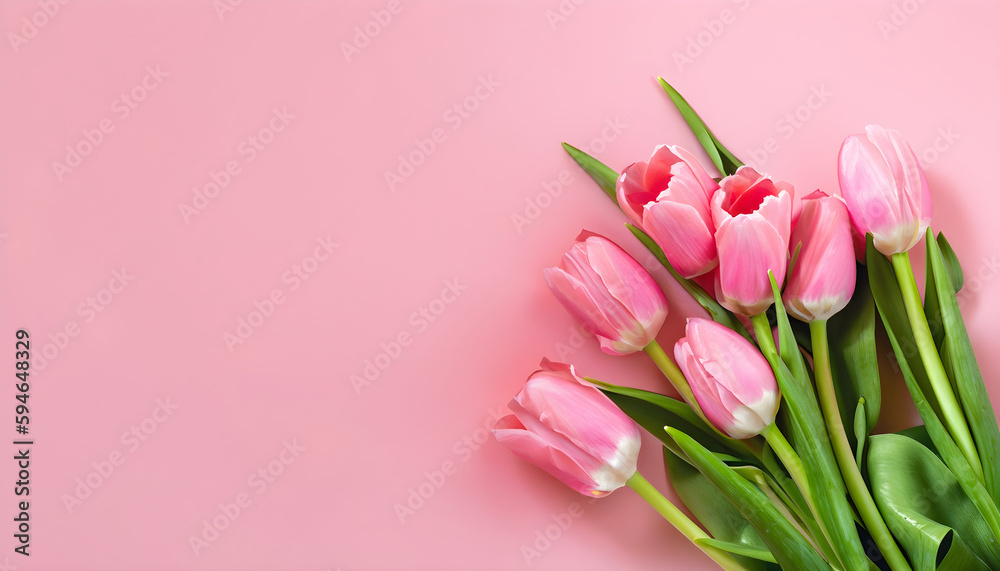 Beautiful composition spring flowers. Bouquet of pink tulips flowers on pastel pink background. Valentine's Day, Easter, Birthday, Happy Women's Day, Mother's Day. Flat lay, top vie, Ai generated 