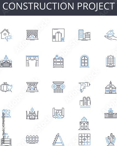 Construction project line icons collection. Business venture, Marketing campaign, Advertising strategy, Development plan, Expansion project, Rebranding effort, Creative pursuit vector and linear