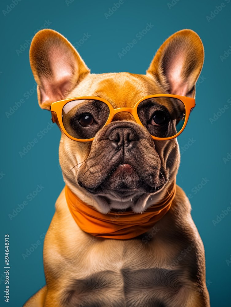 Studio Portrait of a Happy serious Boston Terrier breed dog wearing glasses