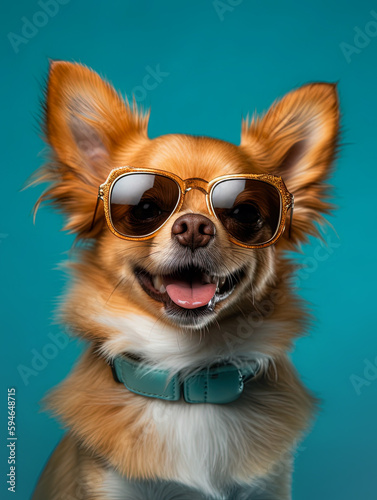 Small happy Terrier Chihuahua dog with glasses on a plain wall in a studio © Falk