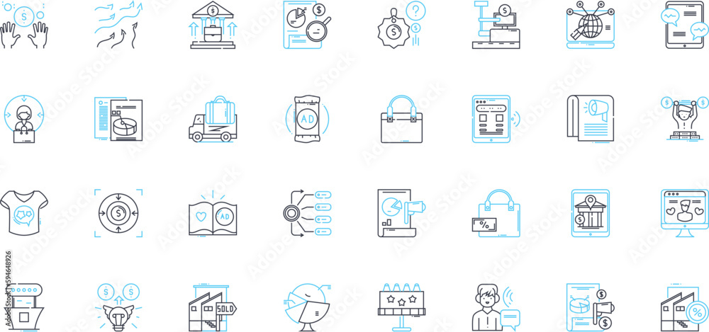 Product marketing linear icons set. Advertising, Positioning, Branding, Promotions, Segmentation, Distribution, Market research line vector and concept signs. Promoting,Differentiation,Targeting