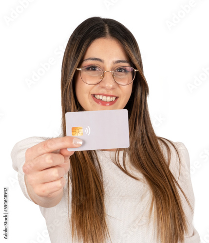 Showing credit card, portrait of fashionable modern businesswoman showing credit card. Transparent, png. copy space. Secure online shopping via internet. Caucasian brunette lady with glasses.