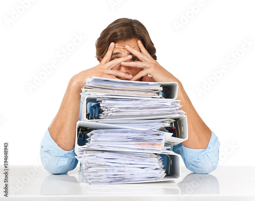 Fotografie Accounting, portrait and man with stack of folders isolated on transparent png background