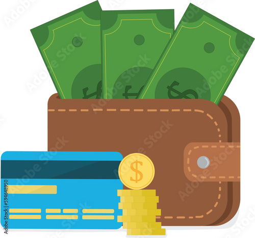 Wallet with money dollars and credit card with coins vector illustration