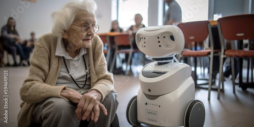 Taking care of the elderly, an elderly woman with a robot. Generative AI. photo