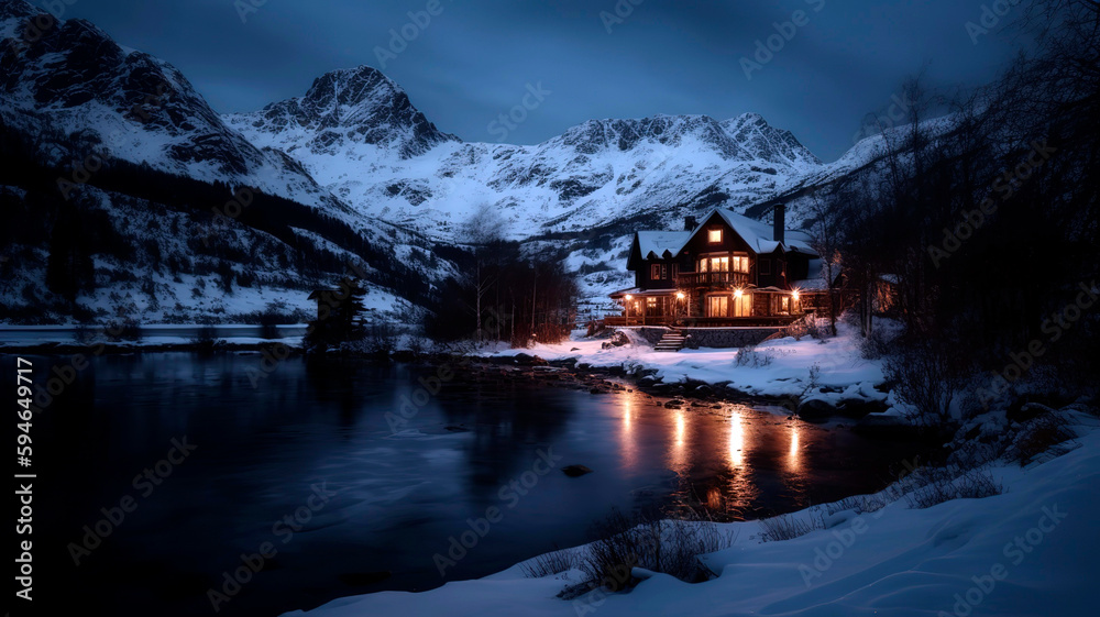 Severe snowy winter landscape with a frozen lake surrounded by huge mountains, a modern large house with light in the windows.