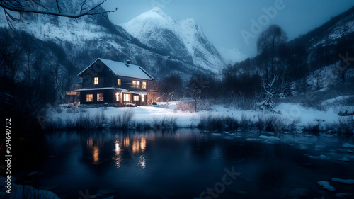 Severe snowy winter landscape with a frozen lake surrounded by huge mountains, a modern large house with light in the windows.