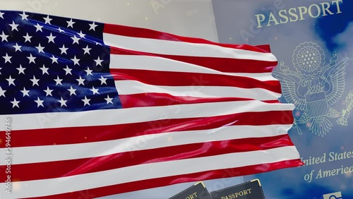 American Flag and USA Passport, Video Composition. Concept 4K 3D Video: US Visa, Immigration to the USA, Citizenship of the United States, Emigration, Travel, Migration,  Registration, America