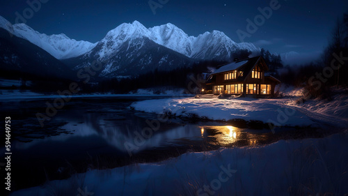 Severe snowy winter landscape with a frozen lake surrounded by huge mountains, a modern large house with light in the windows.