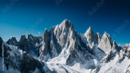 A stunning landscape shot of a rocky mountain range against a deep blue sky.