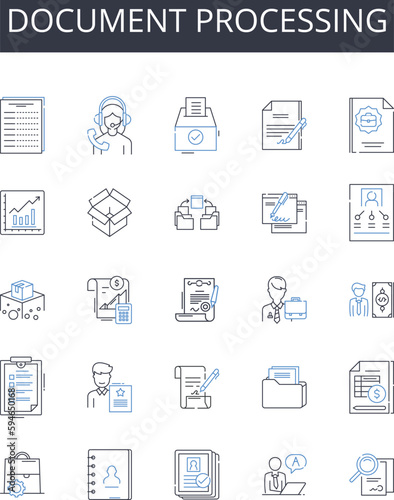 Document processing line icons collection. Report analysis, File management, Data manipulation, Record keeping, Paperwork handling, Document control, Information processing vector and linear