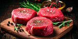 Raw beef filet Mignon steak on a wooden Board with pepper and salt, black Angus marbled meat.