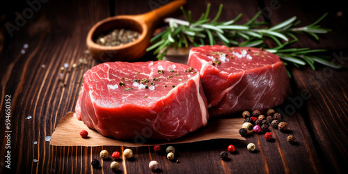 Canvastavla Raw beef filet Mignon steak on a wooden Board with pepper and salt, black Angus marbled meat