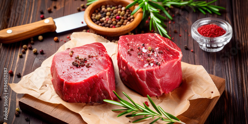 Raw beef filet Mignon steak on a wooden Board with pepper and salt, black Angus marbled meat.