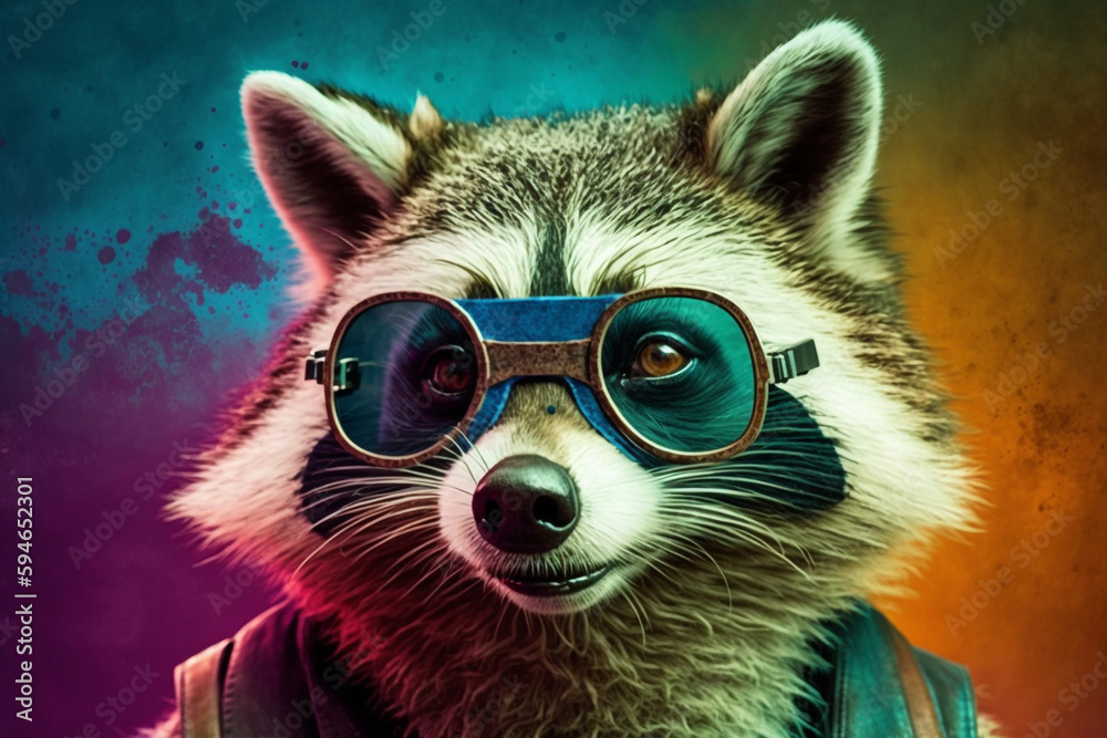Generative AI of a cool racoon with funky glasses. Studio shot. 