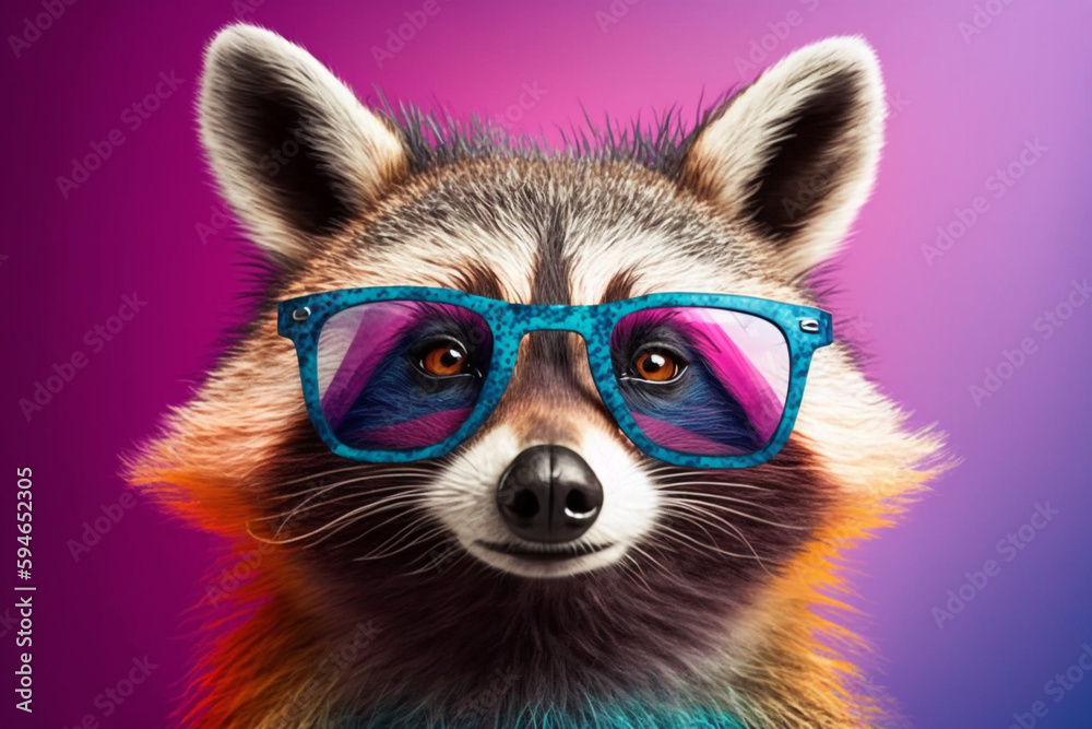 Generative AI of a cool racoon with funky glasses. Studio shot. Generative AI of a cool racoon with funky glasses. Studio shot.