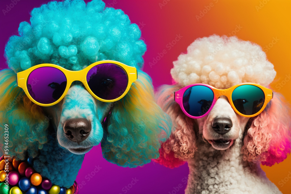 Generative AI of a funky poodle wearing glasses with colorful ...