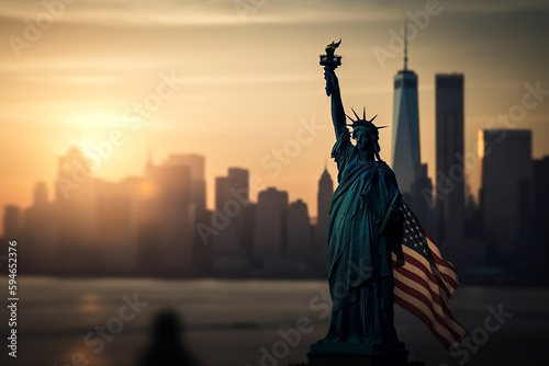 Generative Ai of the American flag and the Statue of liberty. Background for independence day - 4th of July.