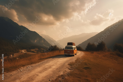 Generative AI of a caravan van on the road. Road adventures concept.  © belyaaa