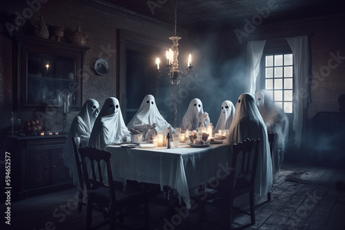 Generative AI of ghosts having dinner in a haunted house. 