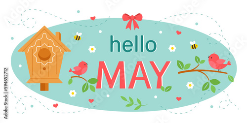 Hello May. Postcard with a house for birds. Cute birds on a branch and bees with flowers. Design for printing a calendar, postcard, banner. Vector