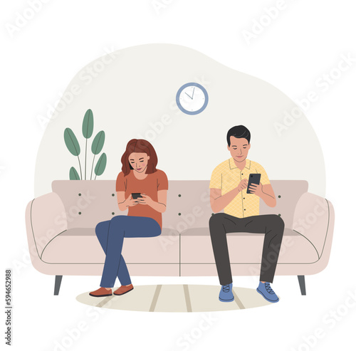 Young woman and man sitting on the sofa with smartphones. Vector flat illustration