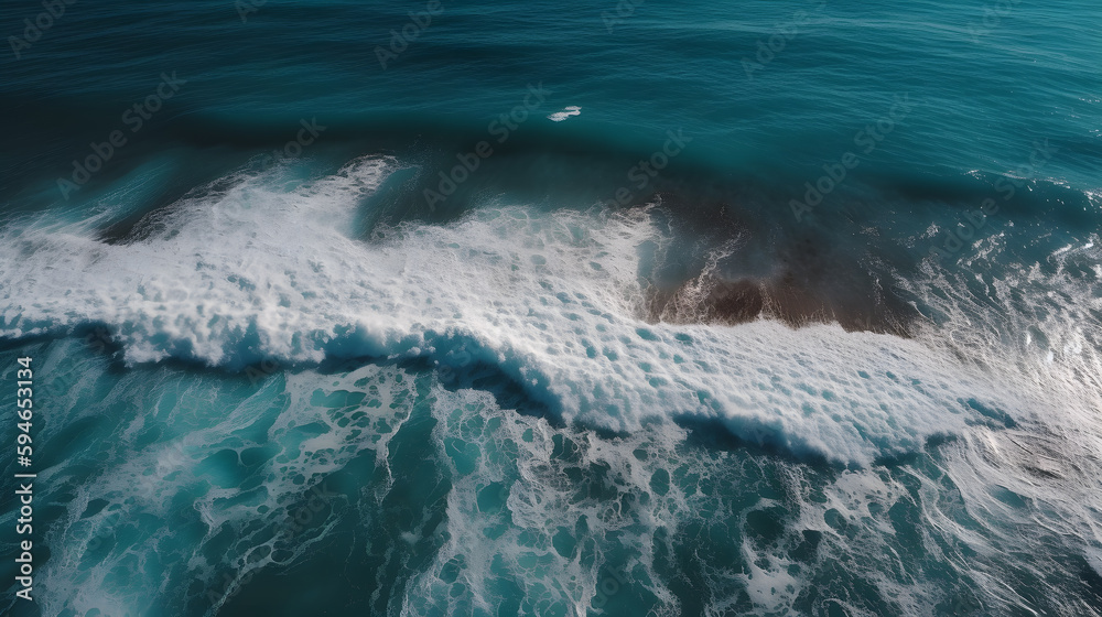 Naklejka premium A stunning aerial shot of a deep blue ocean with waves crashing against the shore.