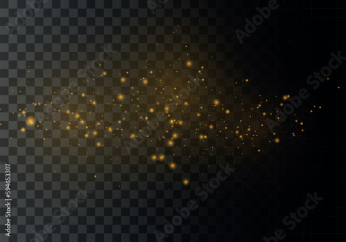 Golden dust light png. Christmas light bokeh confetti and sparkle. The dust sparks and golden stars shine with special light. Glittering stardust background. Glowing glitter of smoke, splashes vector.