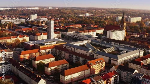 Drone flight backwards over Neubrandenburg with a view of the famous 